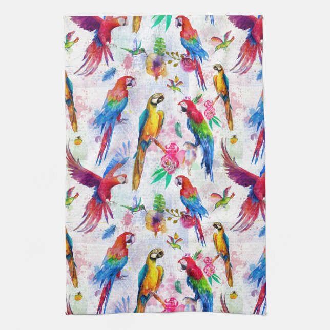 Watercolor Style Parrots Kitchen Towel (Vertical)
