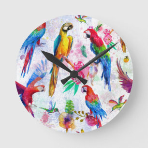 Watercolor Style Parrots Round Clock