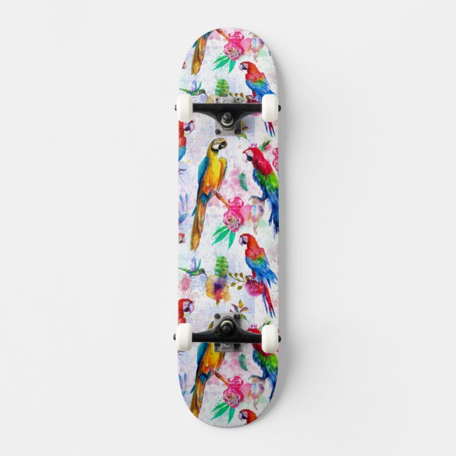 Watercolor Style Parrots Skateboard (Front)
