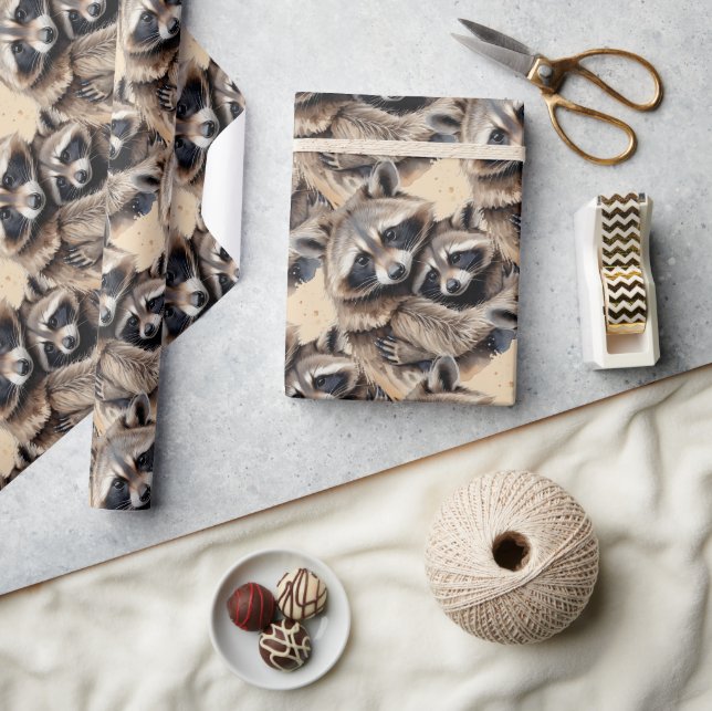  Watercolor Style Raccoons Animal Pattern Art Wrapping Paper (Crafts)