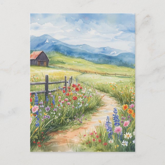 Watercolor Style Spring Meadow with Flowers Postcard (Front)