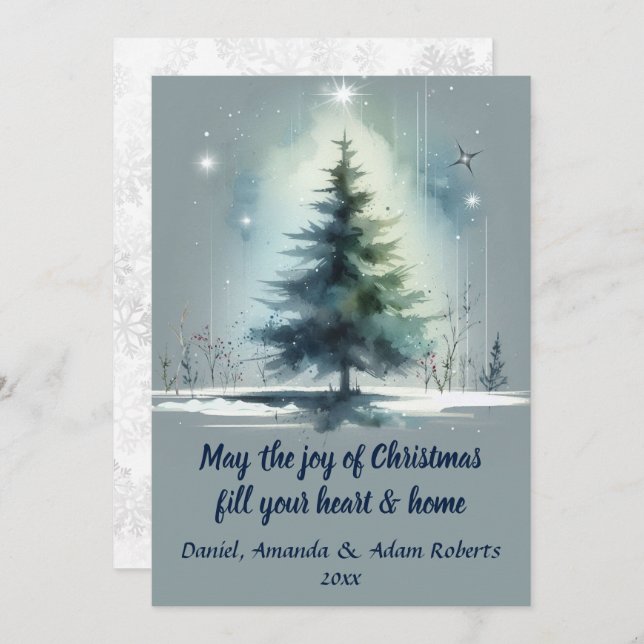 Watercolor Style Tree Against Medium Blue Backdrop Holiday Card (Front/Back)