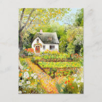 Watercolor Style White Cottage Garden Landscape