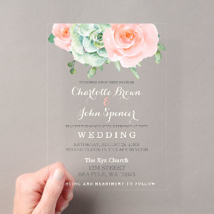 Watercolor Succulent Blush Floral Elegant Wedding Acrylic Invitations