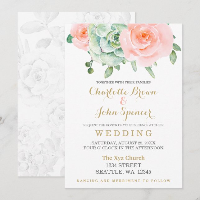 Watercolor Succulent Blush Floral Elegant Wedding Invitation (Front/Back)