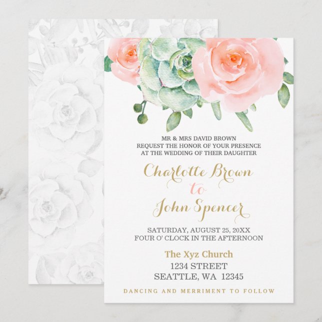 Watercolor Succulent Blush Floral Elegant Wedding Invitation (Front/Back)