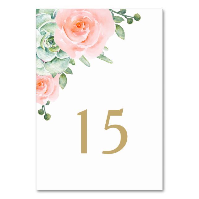 Watercolor Succulent Blush Floral Elegant Wedding Table Number (Front)