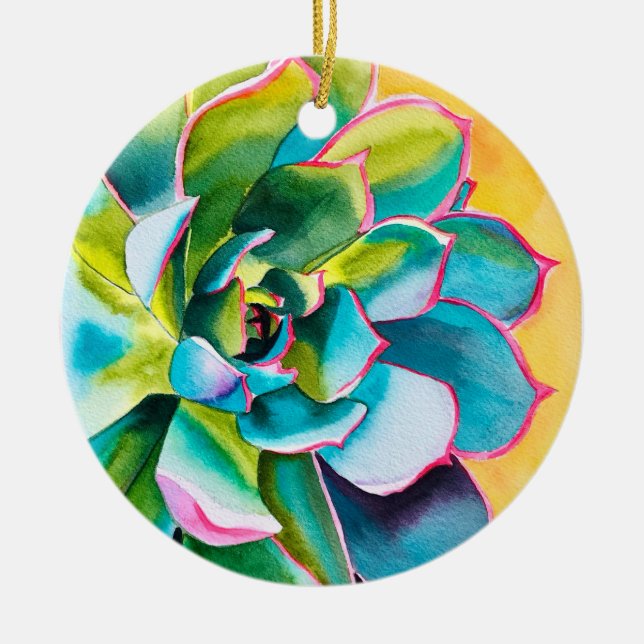 Watercolor succulent botanical ceramic ornament (Front)