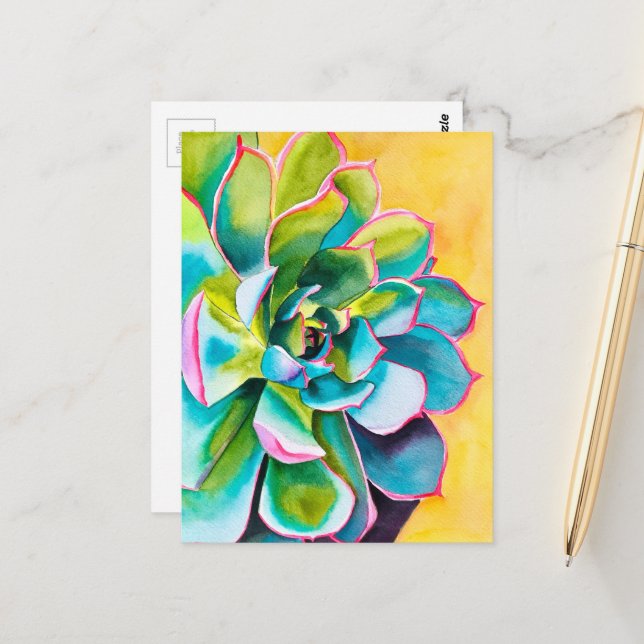 Watercolor succulent botanical postcard (Front/Back In Situ)