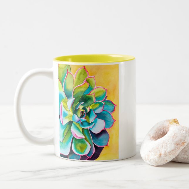 Watercolor succulent botanical Two-Tone coffee mug (With Donut)