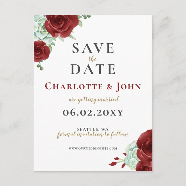 Watercolor succulent burgundy gold save the date announcement postcard (Front)