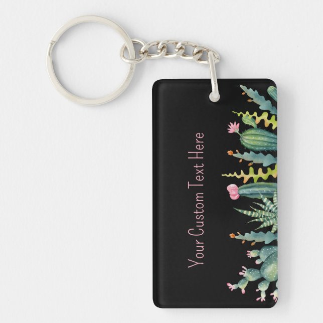 Watercolor Succulent Cactus Custom Text Keychain (Front)