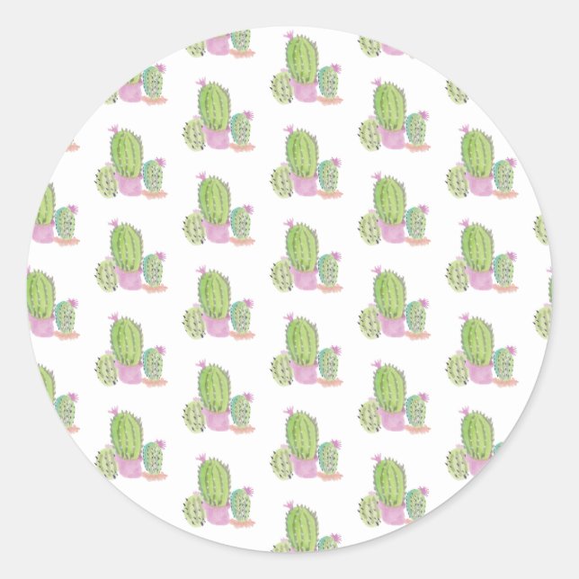Watercolor Succulent Cactus Hand Painted Design  Classic Round Sticker (Front)