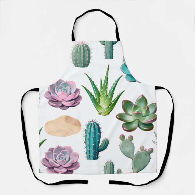 Watercolor Succulent Cactus Pattern Apron (Front)