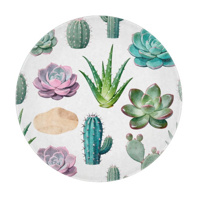 Watercolor Succulent Cactus Pattern Cutting Board (Front)