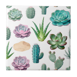 Watercolor Succulent Cactus Pattern Tile