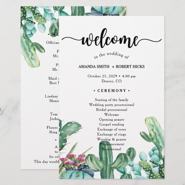 Watercolor Succulent Cactus Programme de mariage f (Devant / Derrière)