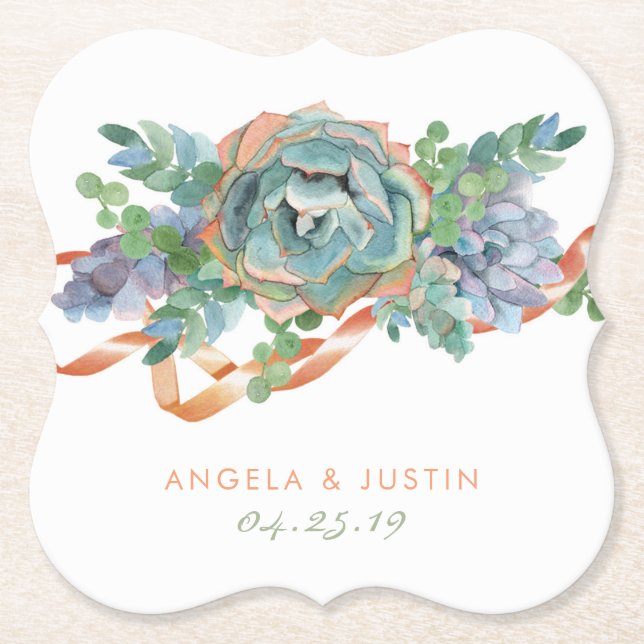 Watercolor Succulent Cluster Wedding Paper Coaster (Front)