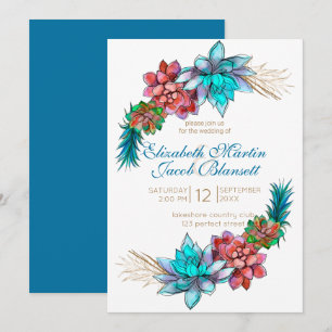 Watercolor Succulent, deep teal Wedding Invitation