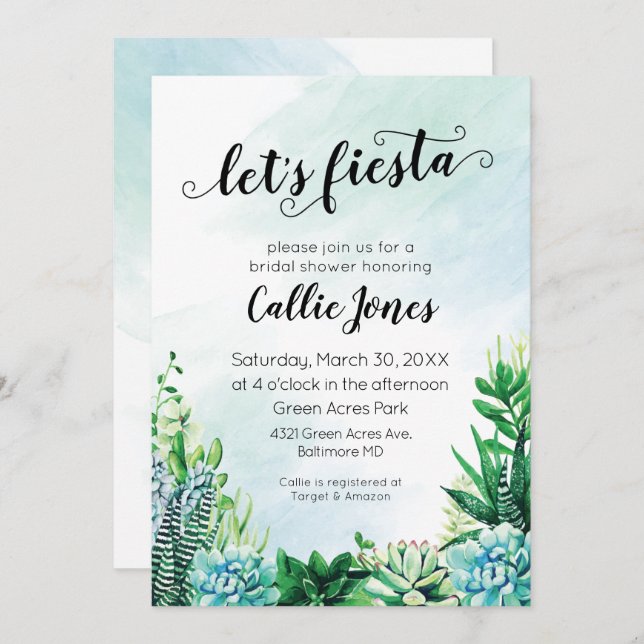 Watercolor Succulent Fiesta Shower Invitation (Front/Back)