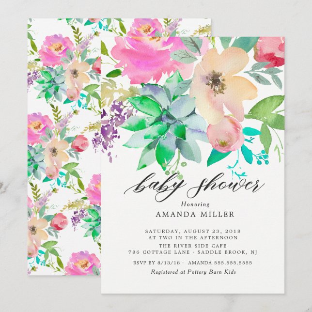 Watercolor Succulent Floral Baby Shower Invitation (Front/Back)