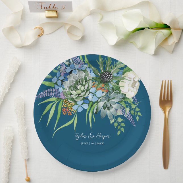 Watercolor Succulent Floral Bouquet Boho Wedding Paper Plate (Wedding)