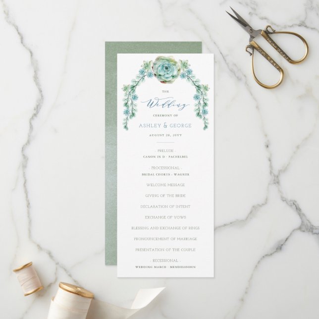 Watercolor Succulent Flower Arbor Garden Wedding Program (Front/Back In Situ)