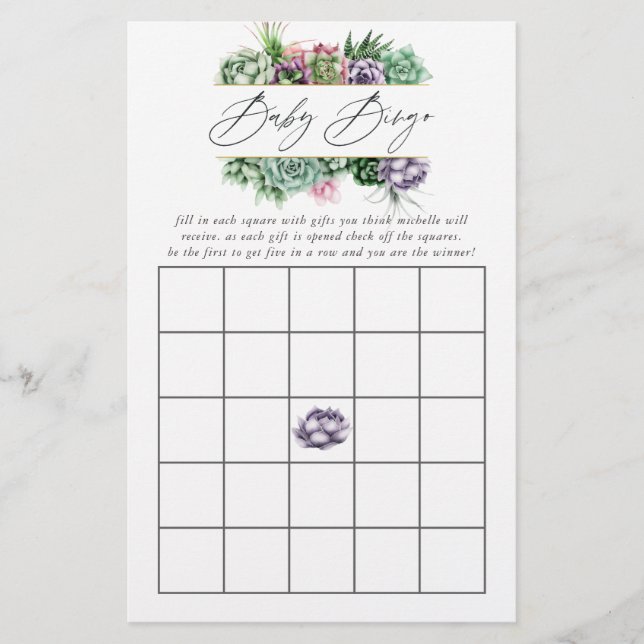 Watercolor Succulent Geometric Baby Shower Bingo (Front)