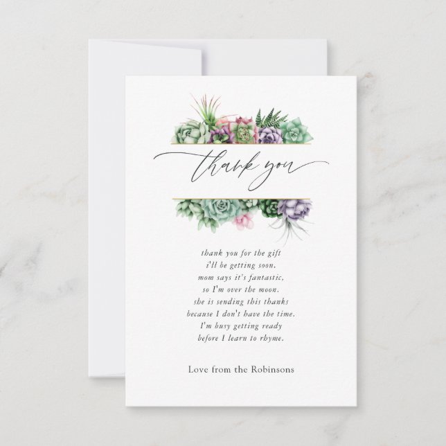 Watercolor Succulent Geometric Baby Shower Thank You Card (Front)