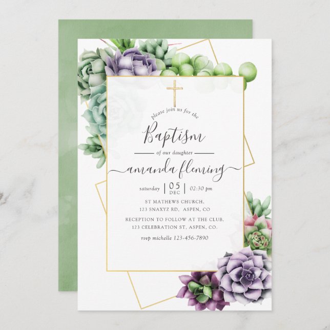 Watercolor Succulent Geometric Baptism Invitation (Front/Back)