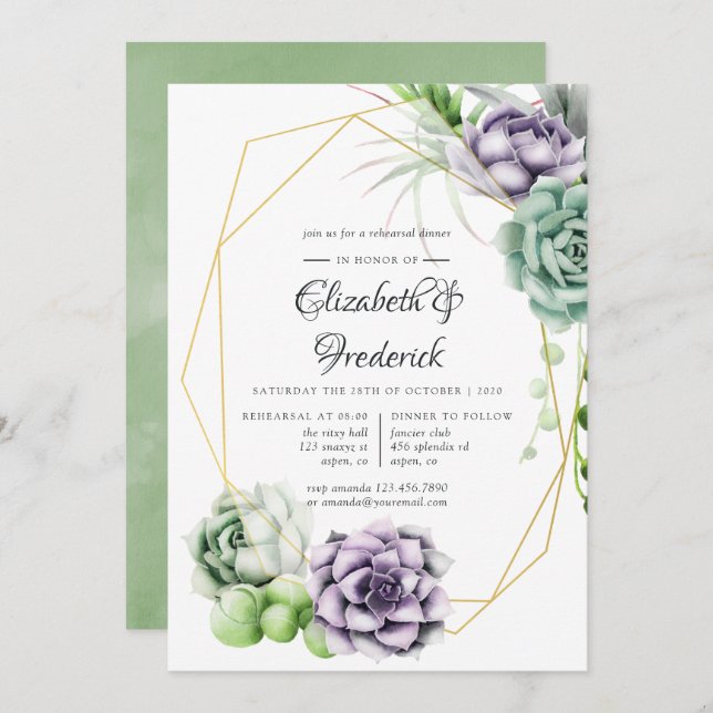 Watercolor Succulent Geometric Rehearsal Dinner Invitation (Front/Back)