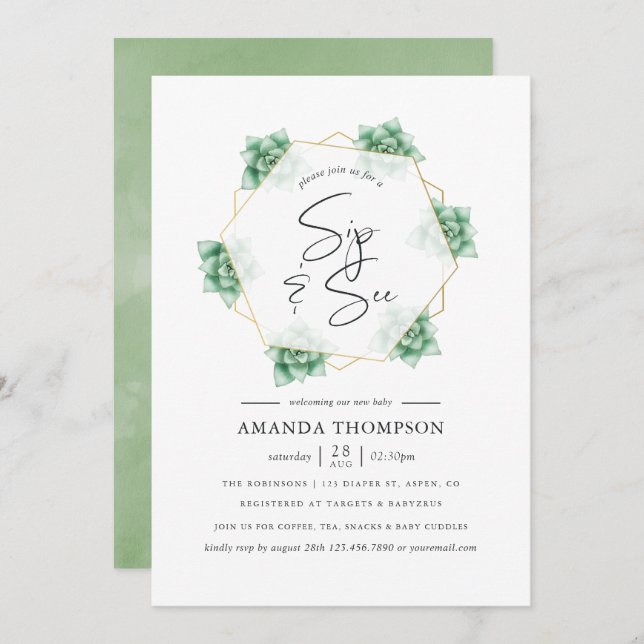 Watercolor Succulent Geometric Sip and See Invitation (Front/Back)