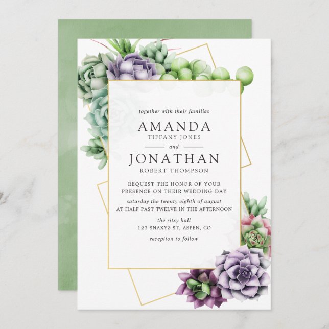 Watercolor Succulent Geometric Wedding Invitation (Front/Back)