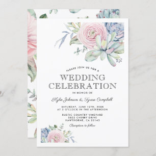 Watercolor Succulent Pastel Floral Wedding Invitation