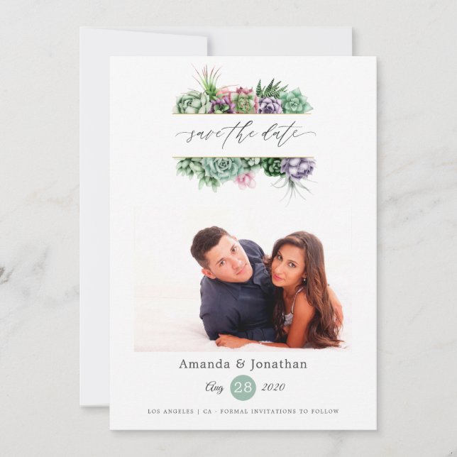 Watercolor Succulent Plants Photo Wedding Save The Date (Front)
