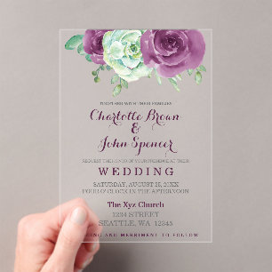 watercolor succulent plum roses wedding acrylic invitations