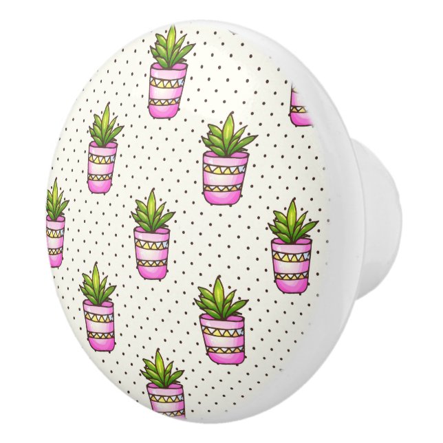 Watercolor Succulent Polka Dot Pattern Ceramic Knob (Right)