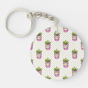 Watercolor Succulent Polka Dot Pattern Keychain