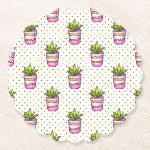Watercolor Succulent Polka Dot Pattern Paper Coaster