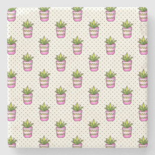 Watercolor Succulent Polka Dot Pattern Stone Coaster