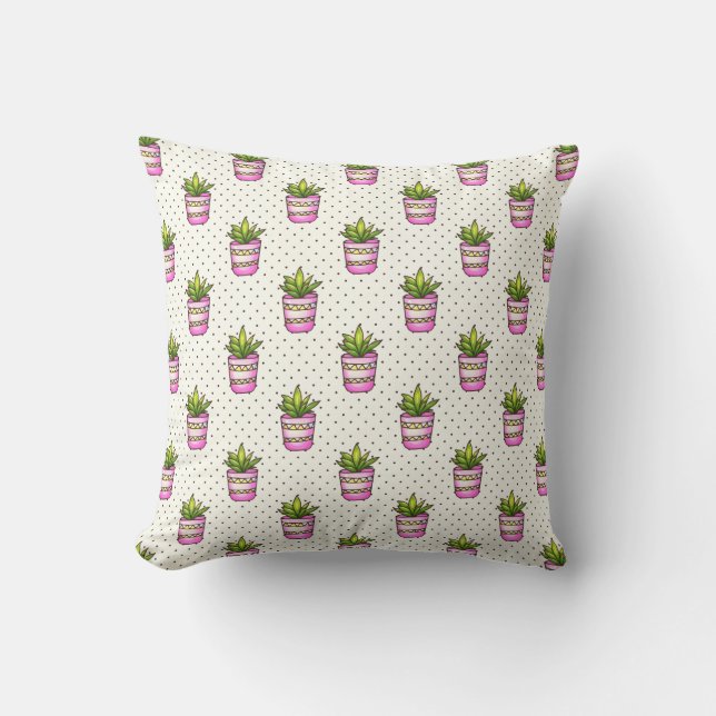Watercolor Succulent Polka Dot Pattern Throw Pillow (Front)