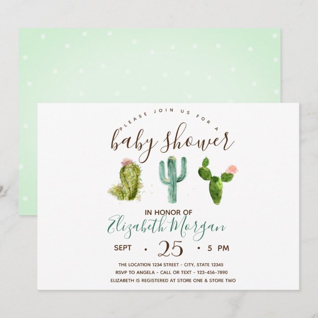 Watercolor  Succulent Polka Dots Baby Shower Invitation (Front/Back)