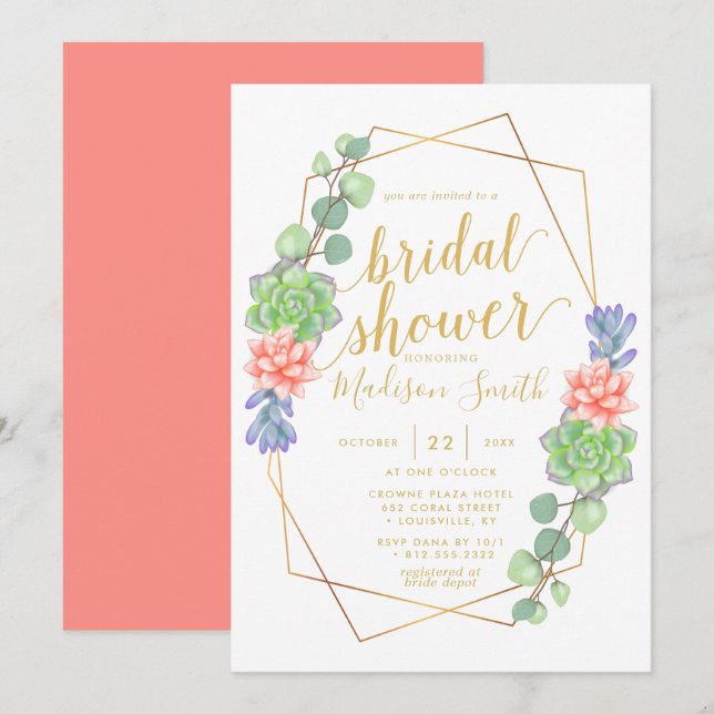 Watercolor Succulent Terrarium Bridal Shower Invitation (Front/Back)