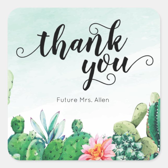 Watercolor Succulent  Thank You Square Sticker (Front)