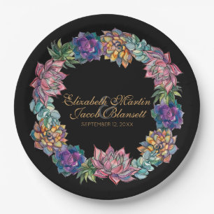 Watercolor Succulent Wreath black Wedding Paper Plate