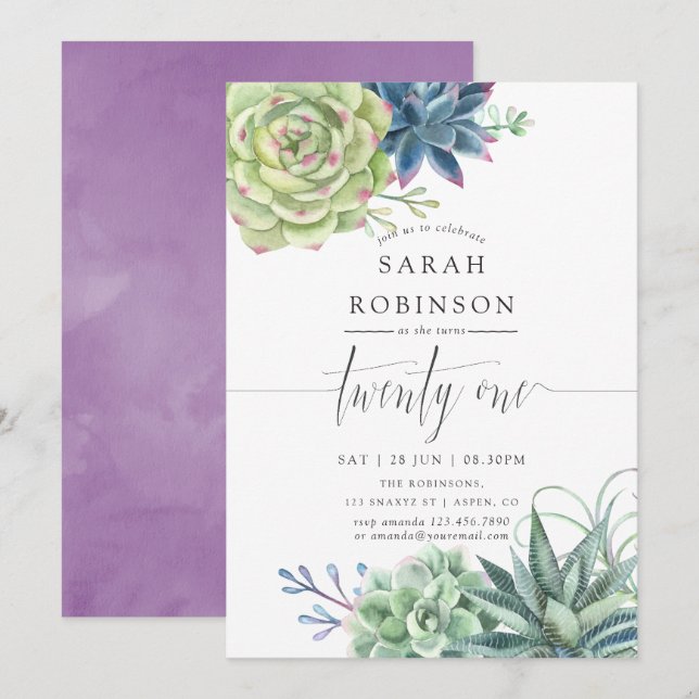 Watercolor Succulents 21st Birthday Party Invite (Front/Back)