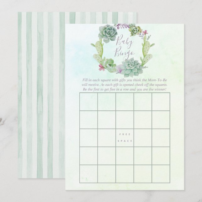 Watercolor Succulents Baby Shower Baby Bingo Invitation (Front/Back)