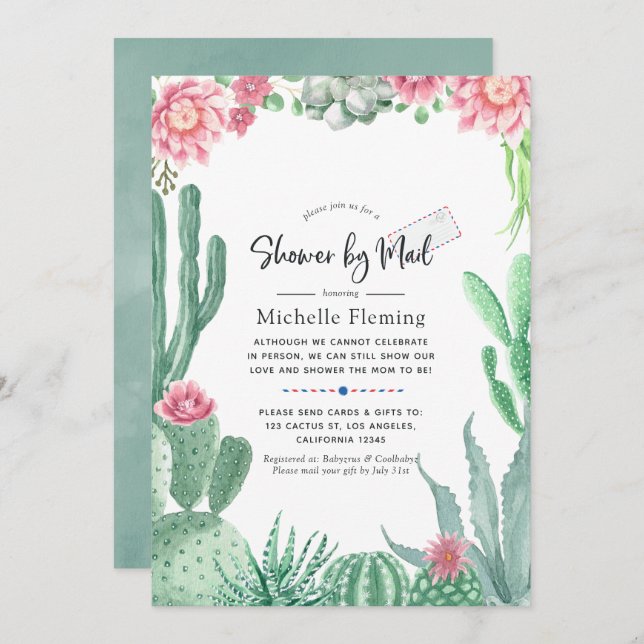 Watercolor Succulents Baby Shower by Mail Invitation (Front/Back)