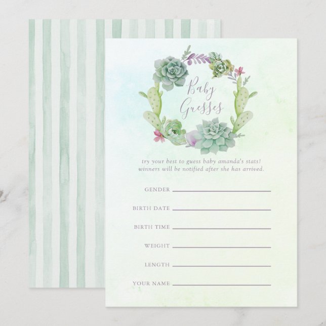 Watercolor Succulents Baby Shower Guessing Game Invitation (Front/Back)