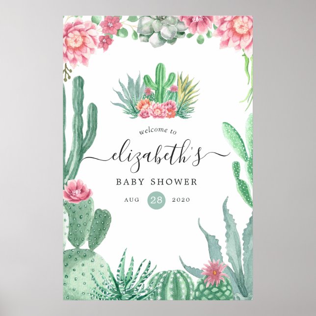 Watercolor Succulents Baby Shower Welcome Poster (Front)